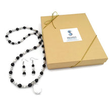 Load image into Gallery viewer, Black & White Ceramic Bead Stretch Necklace with Pearl Pendant and Earring Set