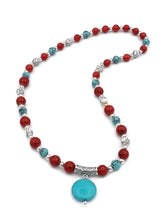 Load image into Gallery viewer, Red, White & Turquoise Color Ceramic Bead Stretch Necklace and Earring Set