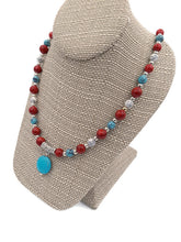 Load image into Gallery viewer, Red, White & Turquoise Color Ceramic Bead Stretch Necklace and Earring Set