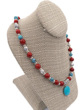 Load image into Gallery viewer, Red, White & Turquoise Color Ceramic Bead Stretch Necklace and Earring Set