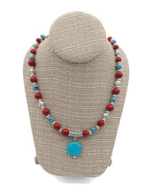 Load image into Gallery viewer, Red, White & Turquoise Color Ceramic Bead Stretch Necklace and Earring Set
