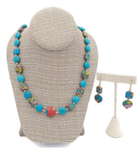 Load image into Gallery viewer, Rainbow Silica Bead & Turquoise Color Ceramic Bead Stretch Necklace and Earring Set