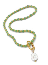 Load image into Gallery viewer, Peridot Color Calcite Bead & Fresh Water Pearl Necklace and Earring Set