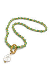 Load image into Gallery viewer, Peridot Color Calcite Bead & Fresh Water Pearl Necklace and Earring Set