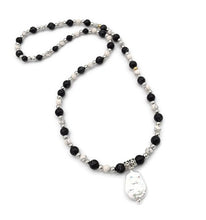 Load image into Gallery viewer, Black & White Ceramic Bead Stretch Necklace with Pearl Pendant and Earring Set