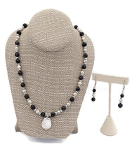 Load image into Gallery viewer, Black & White Ceramic Bead Stretch Necklace with Pearl Pendant and Earring Set