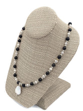 Load image into Gallery viewer, Black & White Ceramic Bead Stretch Necklace with Pearl Pendant and Earring Set