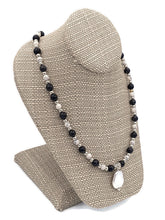 Load image into Gallery viewer, Black & White Ceramic Bead Stretch Necklace with Pearl Pendant and Earring Set