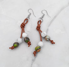 Load image into Gallery viewer, Leather with Magnesite & Mardi Gras Bead Earrings