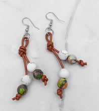 Load image into Gallery viewer, Leather with Magnesite & Mardi Gras Bead Earrings
