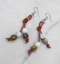 Load image into Gallery viewer, Leather with Magnesite & Mardi Gras Bead Earrings
