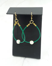 Load image into Gallery viewer, Green Leather and Freshwater Pearl Hoop Earrings