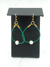 Load image into Gallery viewer, Green Leather and Freshwater Pearl Hoop Earrings
