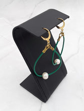 Load image into Gallery viewer, Green Leather and Freshwater Pearl Hoop Earrings