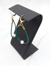 Load image into Gallery viewer, Green Leather and Freshwater Pearl Hoop Earrings