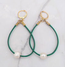 Load image into Gallery viewer, Green Leather and Freshwater Pearl Hoop Earrings