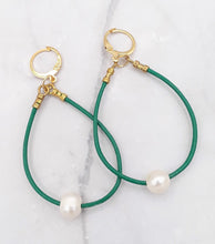 Load image into Gallery viewer, Green Leather and Freshwater Pearl Hoop Earrings