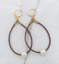 Load image into Gallery viewer, Brown Leather and Freshwater Pearl Hoop Earrings
