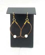 Load image into Gallery viewer, Brown Leather and Freshwater Pearl Hoop Earrings