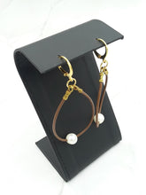 Load image into Gallery viewer, Brown Leather and Freshwater Pearl Hoop Earrings