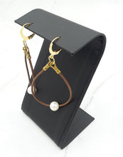 Load image into Gallery viewer, Brown Leather and Freshwater Pearl Hoop Earrings