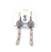 Load image into Gallery viewer, Floral Breast Cancer Awareness Earrings with Rose Quartz Beads