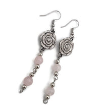 Load image into Gallery viewer, Floral Breast Cancer Awareness Earrings with Rose Quartz Beads