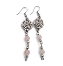 Load image into Gallery viewer, Floral Breast Cancer Awareness Earrings with Rose Quartz Beads