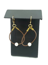 Load image into Gallery viewer, Brown Leather and Freshwater Pearl Hoop Earrings