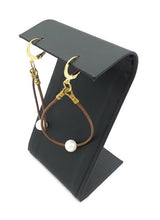 Load image into Gallery viewer, Brown Leather and Freshwater Pearl Hoop Earrings