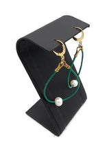 Load image into Gallery viewer, Green Leather and Freshwater Pearl Hoop Earrings