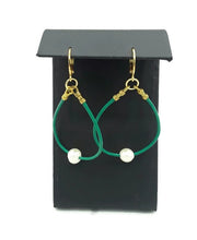 Load image into Gallery viewer, Green Leather and Freshwater Pearl Hoop Earrings