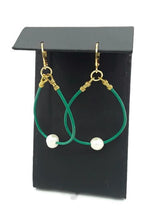 Load image into Gallery viewer, Green Leather and Freshwater Pearl Hoop Earrings