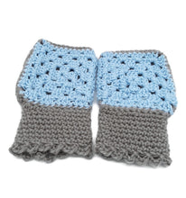 Load image into Gallery viewer, Light Blue & Gray Granny Square Fingerless Gloves