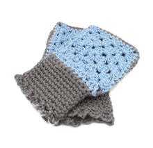 Load image into Gallery viewer, Light Blue & Gray Granny Square Fingerless Gloves