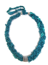Load image into Gallery viewer, Recycled Sari Silk Ribbon Crochet Necklace with Silver Tone Filigree Beads and Tube Beads