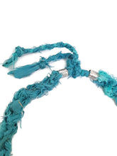 Load image into Gallery viewer, Recycled Sari Silk Ribbon Crochet Necklace with Silver Tone Filigree Beads and Tube Beads