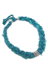 Load image into Gallery viewer, Recycled Sari Silk Ribbon Crochet Necklace with Silver Tone Filigree Beads and Tube Beads