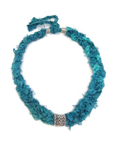Load image into Gallery viewer, Recycled Sari Silk Ribbon Crochet Necklace with Silver Tone Filigree Beads and Tube Beads