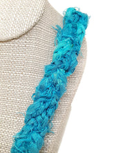 Load image into Gallery viewer, Recycled Sari Silk Ribbon Crochet Necklace with Silver Tone Filigree Beads and Tube Beads