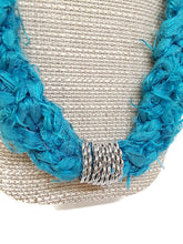 Load image into Gallery viewer, Recycled Sari Silk Ribbon Crochet Necklace with Silver Tone Filigree Beads and Tube Beads