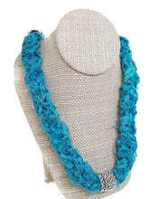 Load image into Gallery viewer, Recycled Sari Silk Ribbon Crochet Necklace with Silver Tone Filigree Beads and Tube Beads