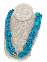Load image into Gallery viewer, Recycled Sari Silk Ribbon Crochet Necklace with Silver Tone Filigree Beads and Tube Beads