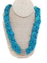 Load image into Gallery viewer, Recycled Sari Silk Ribbon Crochet Necklace with Silver Tone Filigree Beads and Tube Beads