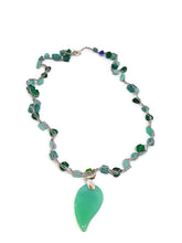 Load image into Gallery viewer, Multi-Color Green Czech Glass Bead Crochet Necklace with Leaf Shape Pendant