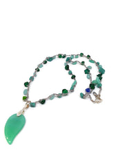 Load image into Gallery viewer, Multi-Color Green Czech Glass Bead Crochet Necklace with Leaf Shape Pendant