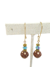 Load image into Gallery viewer, Carved Acrylic Bead Earrings with Turquoise Color Czech Glass Beads