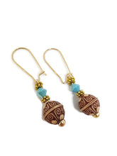 Load image into Gallery viewer, Carved Acrylic Bead Earrings with Turquoise Color Czech Glass Beads