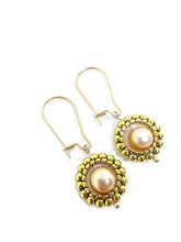 Load image into Gallery viewer, Champagne Color Fresh Water Pearl Earrings in Gold Tone Bead Frames