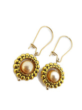 Load image into Gallery viewer, Champagne Color Fresh Water Pearl Earrings in Gold Tone Bead Frames